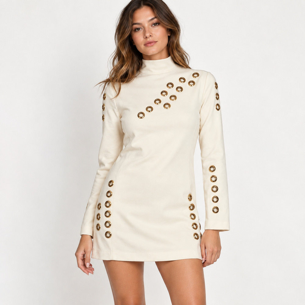 Florenza cream mock neck grommet tunic mini dress long sleeve M
